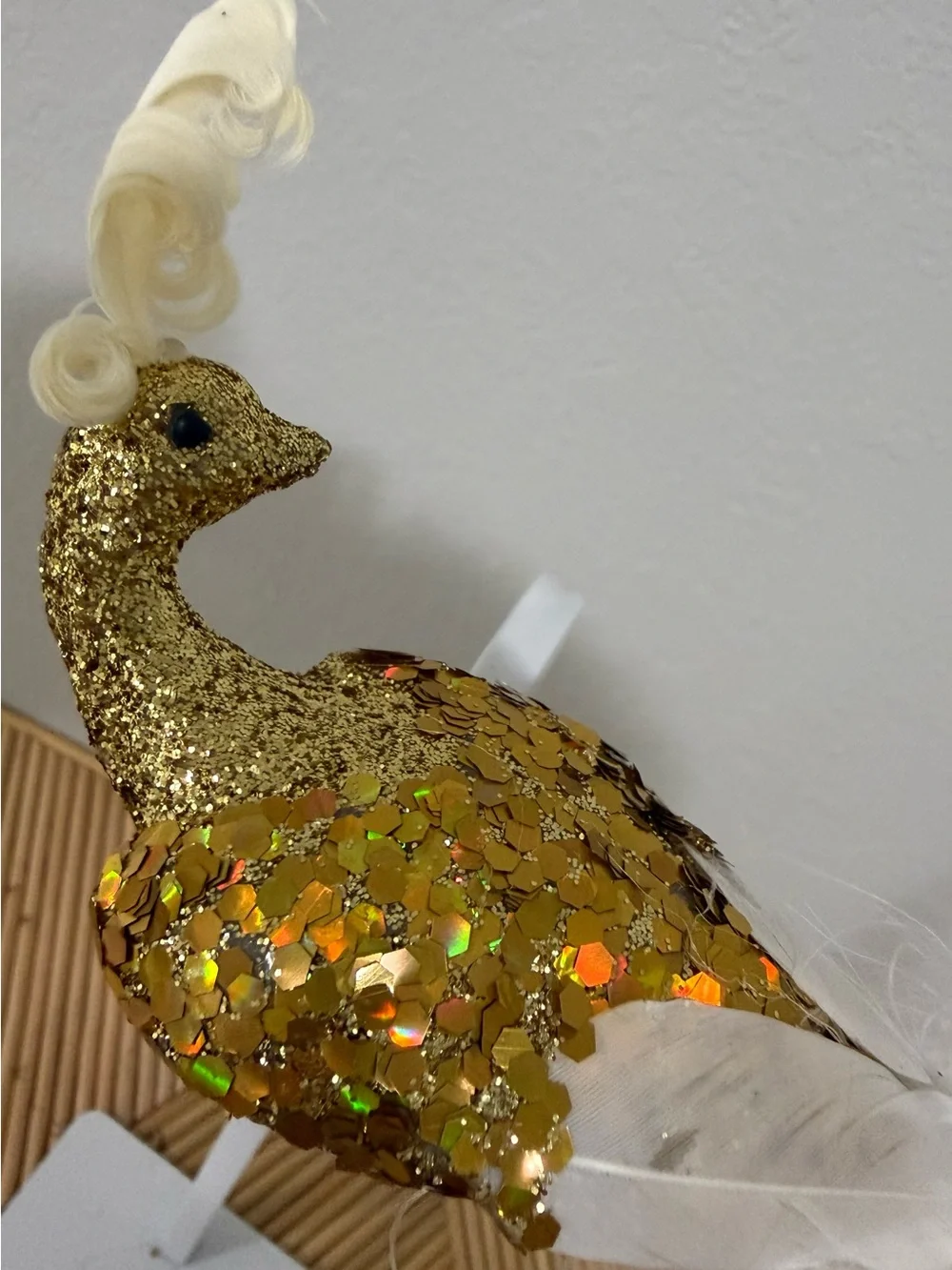 3 Kurt Adler Phoenix Clip-On Ornaments Gold Glitter Body & White Feather Tail